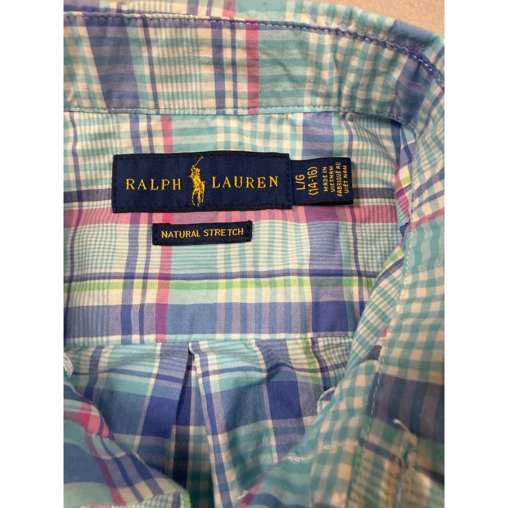 Ralph Lauren Boys Plaid Button Down Shirt Blue Pink Natural Stretch Size L 14-16